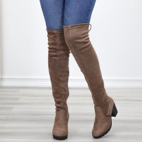 Taupe Thigh High Suede Boots Lug Chunky Heel - Picture 7 of 15